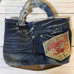 デニムリメイクバックM スカル ジーンズリメイクデニムトートバッグ スカル クラウンbag-0021