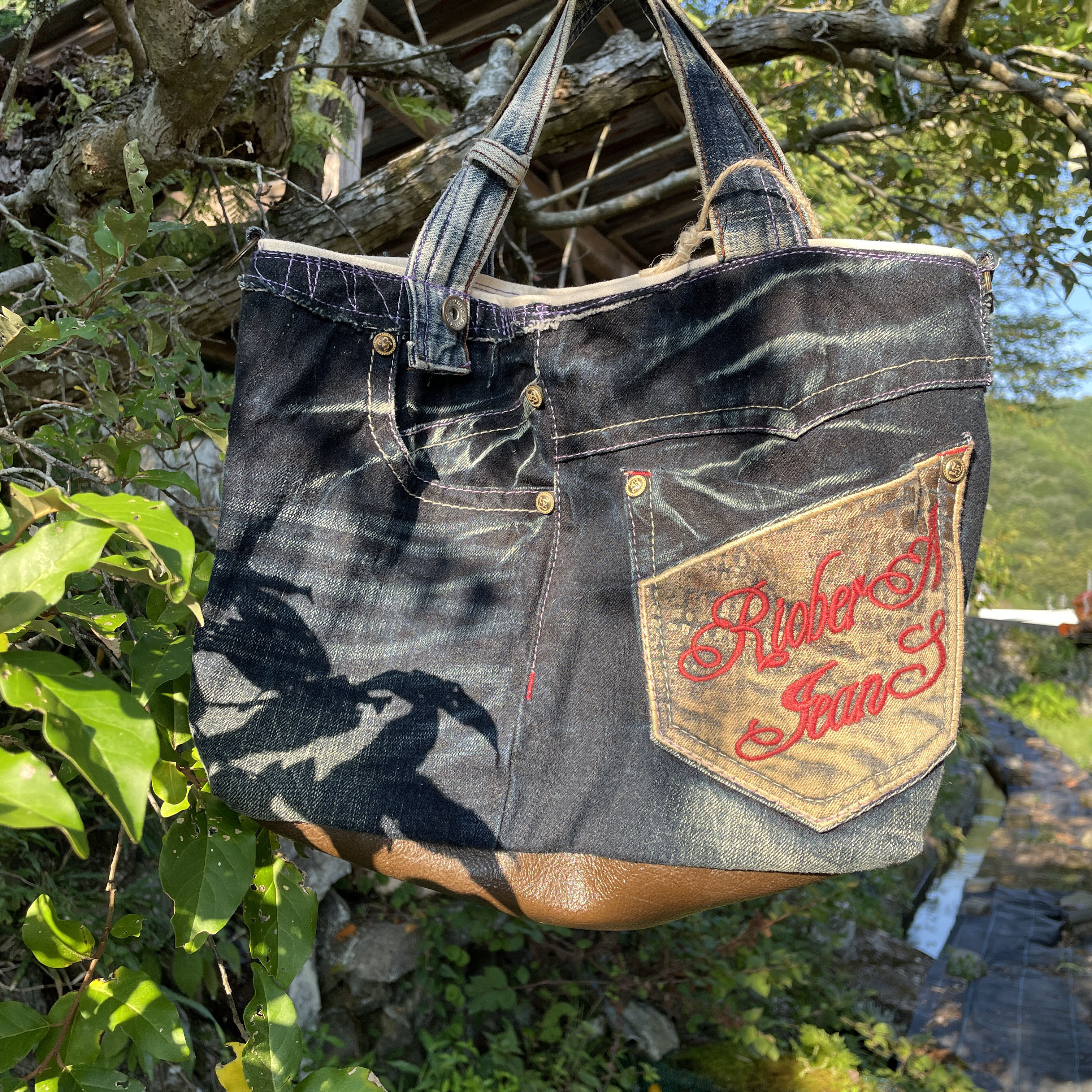 デニムリメイク　トートバッグ マチあり本革bag-0022