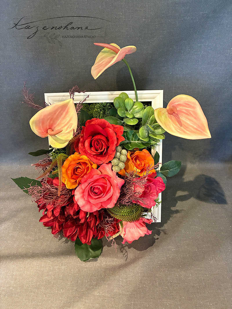 還暦祝い＊大人レッドのバラの壁面アレンジ*額アレンジ*アーティシャルフラワー＊ギフト