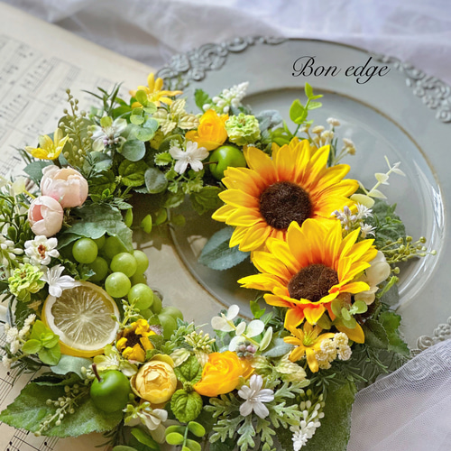 完成品】ひまわりとぶどうのリース アーティフィシャルフラワー アート