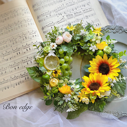 完成品】ひまわりとぶどうのリース アーティフィシャルフラワー アート
