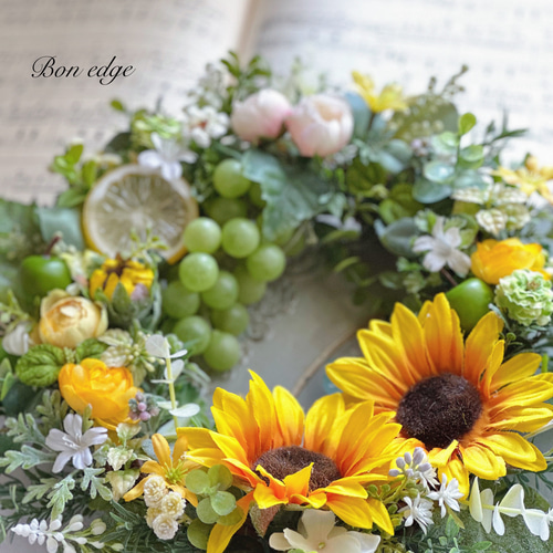 完成品】ひまわりとぶどうのリース アーティフィシャルフラワー アート