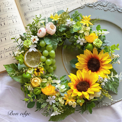 向日葵と小花達の夏リース 造花 玄関 フラワーリース 黄色リース