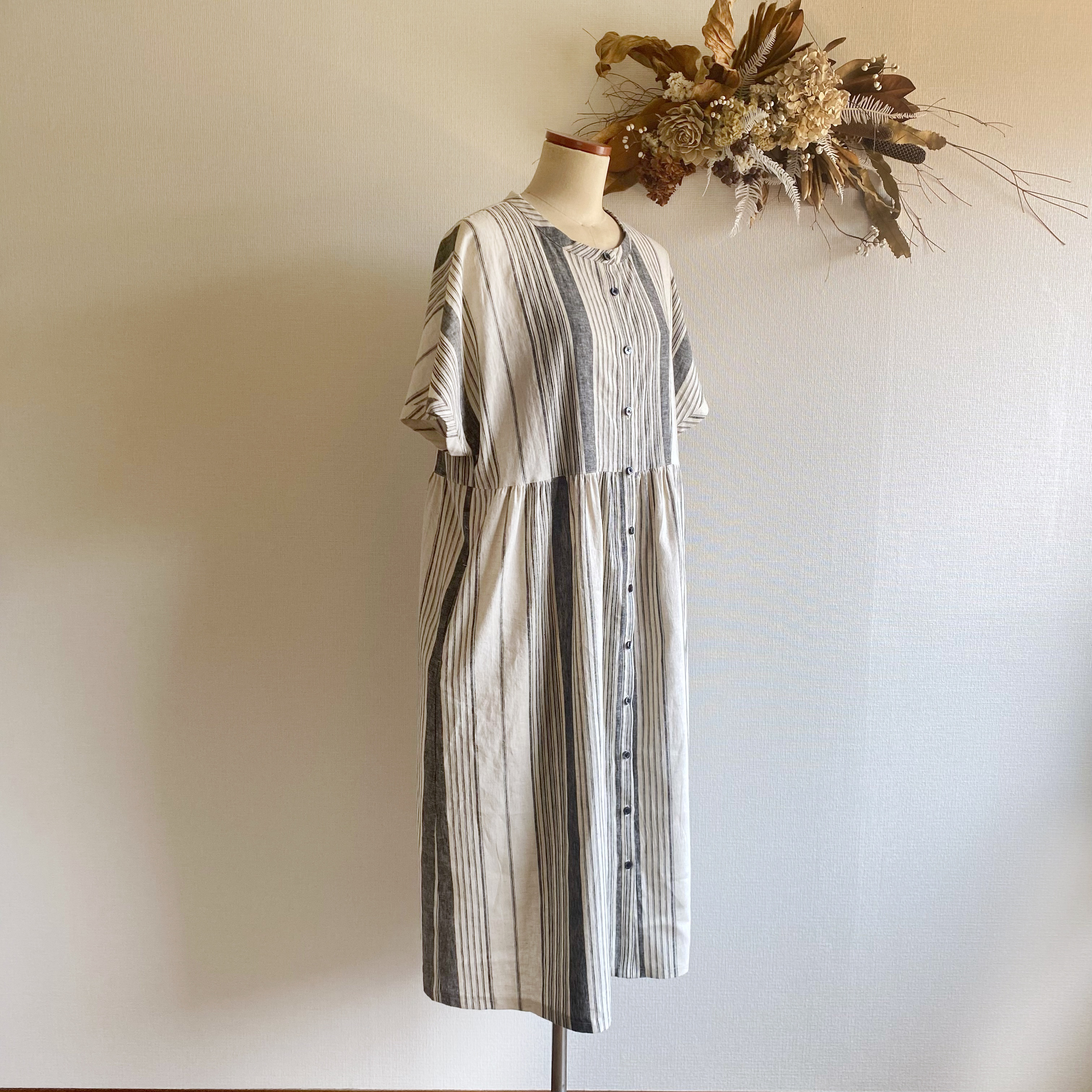 国産綿麻 羽織にもなるストライプワンピース【播州織】