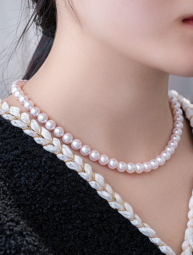 【La Corser】日本製 6.5-9.5mm アコヤ天然海水真珠ネックレス 天体グレード ラウンド型 強い光 14Kゴールド