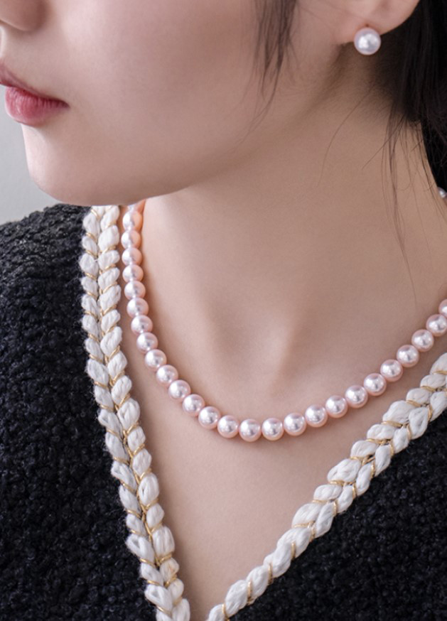 【La Corser】日本製 6.5-9.5mm アコヤ天然海水真珠ネックレス 天体グレード ラウンド型 強い光 14Kゴールド