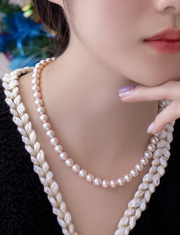 【La Corser】日本製 6.5-9.5mm アコヤ天然海水真珠ネックレス 天体グレード ラウンド型 強い光 14Kゴールド