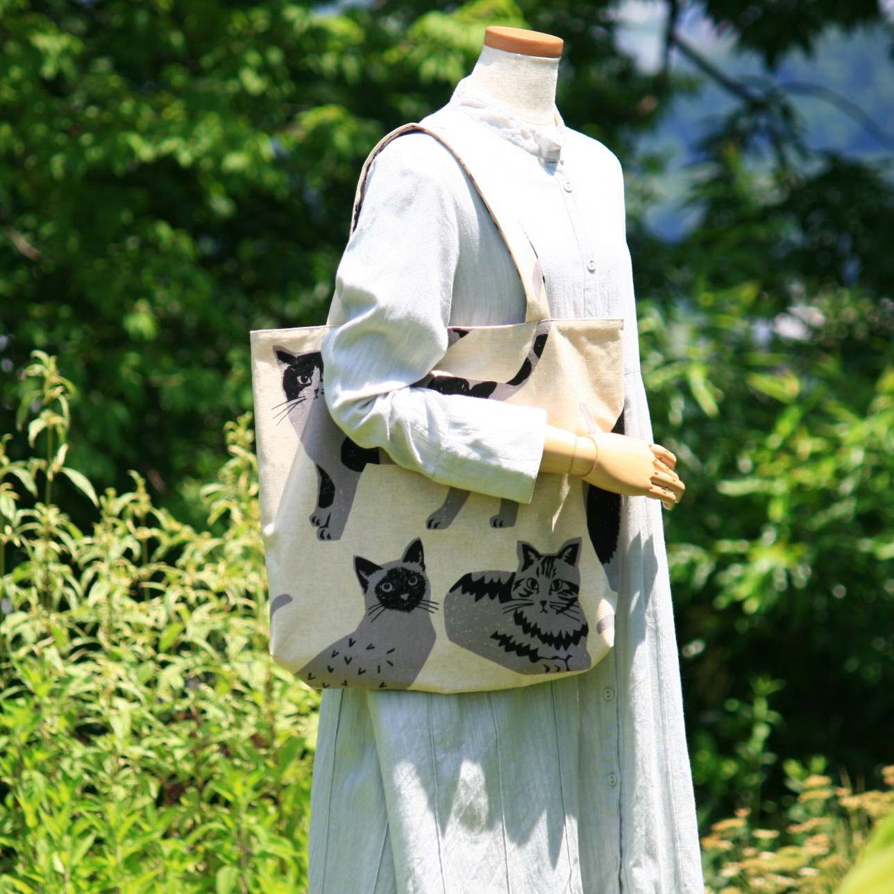 ネコ柄綿麻マルシェバッグ(大) キナリ