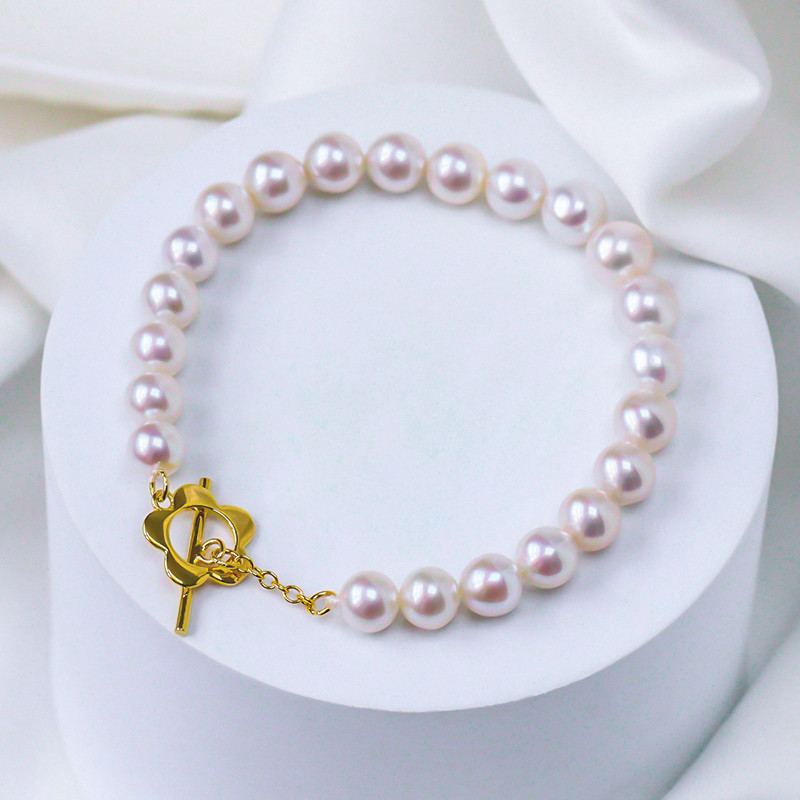 [La Corser] 天然5～9mm淡水真珠ブレスレット、強い光、ほぼ丸い真珠ビーズ、デザインハンドジュエリー、調節可能なブレ