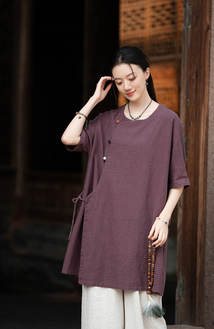 砂洗苎麻チュニック 綿織物ワンピース #紫色