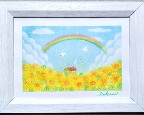 パステルアート ひまわり畑と虹の夏空 パステル画原画 絵画 T's
