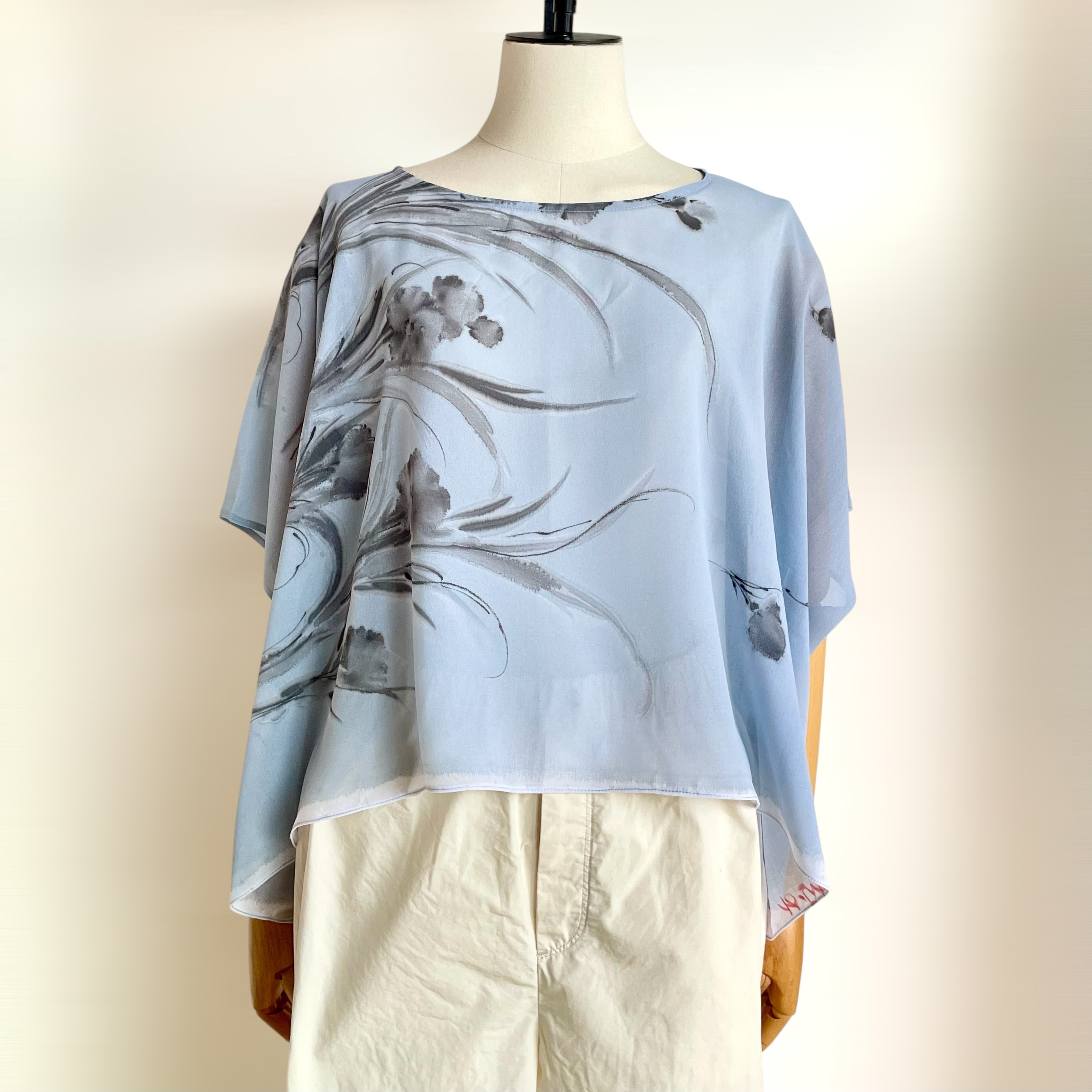 シアー　スクエアブラウス【送料込み】古布リメイク　ライトブルー 5,250円