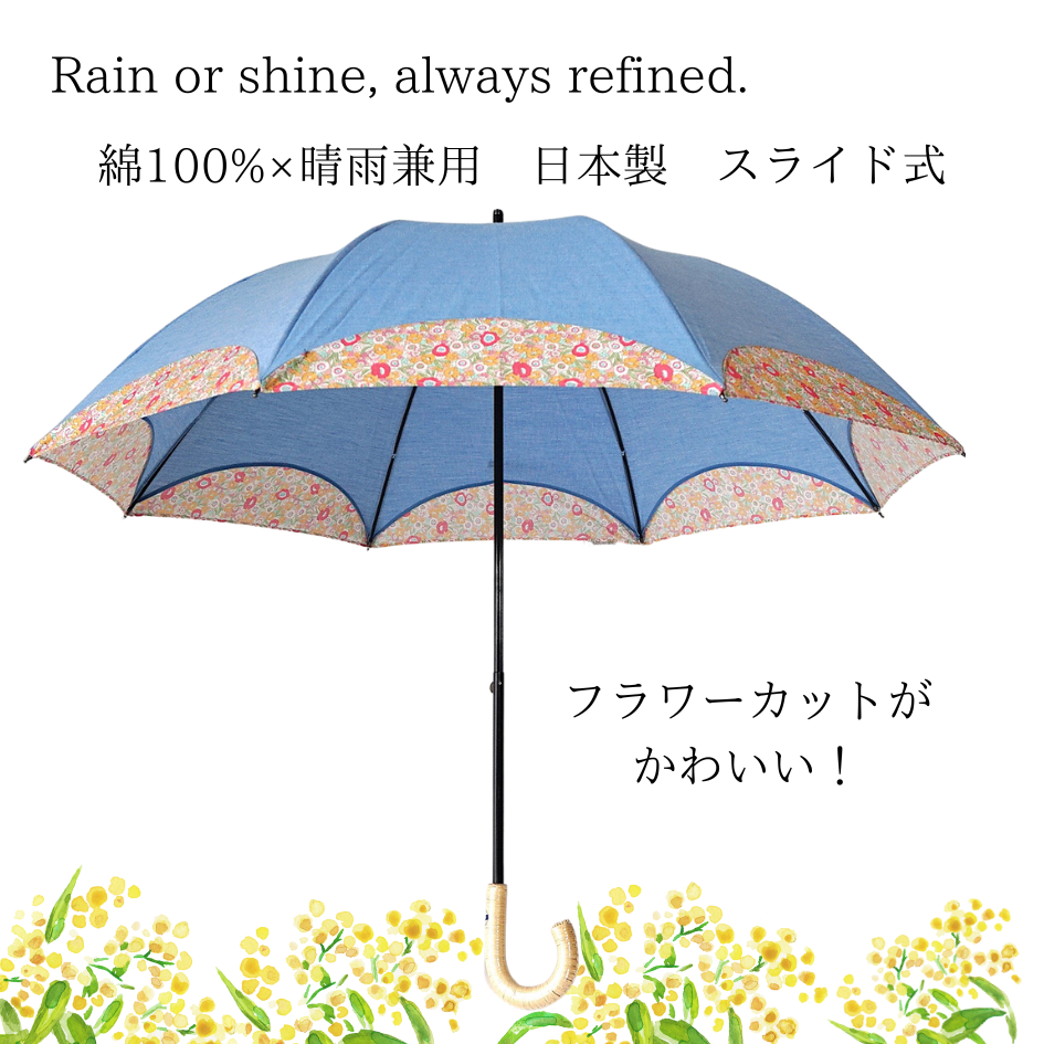 【晴雨兼用　日傘　スライド式】綿100%『かわいいフラワーカットの傘』