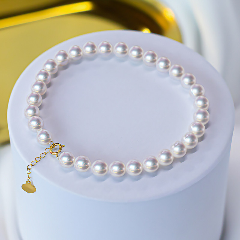 [La Corer] 日本製 5-7mm アコヤ天然海水真珠ブレスレット 18Kゴールドブレスレット 調節可能 強い光 ラウンド