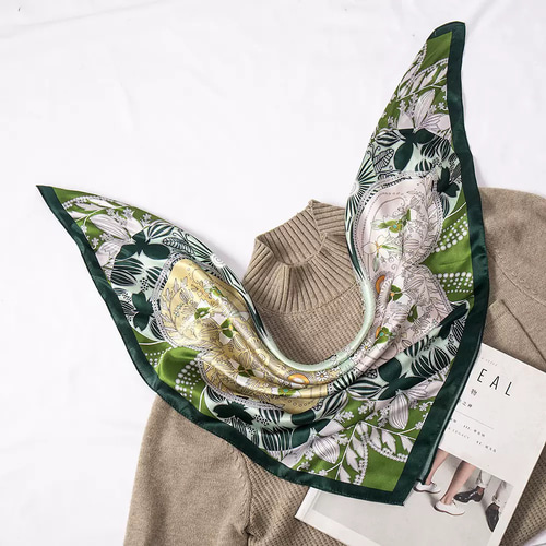 花柄シルク100%スカーフ/グリーン オールシーズン 絹製10約66cm