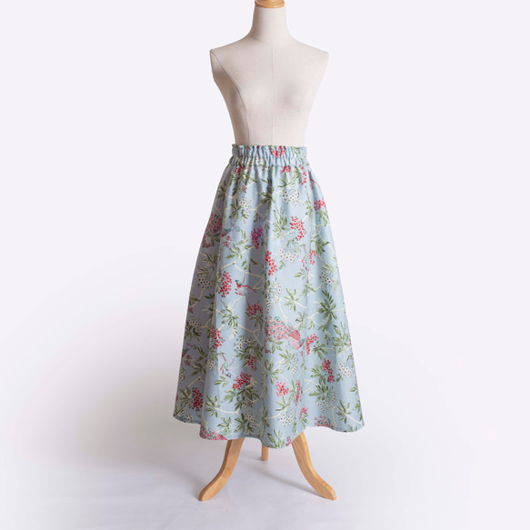 【ピーコック柄のスカート】 ウエストゴムオーダー　コットン　みずいろ　クリーム 2枚目の画像