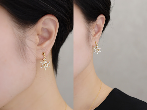 3日以内発送！クリスマス【イヤリング + ロングネックレス セット】雪の結晶・雪だるま パール ゴールド色／シルバー色 6枚目の画像