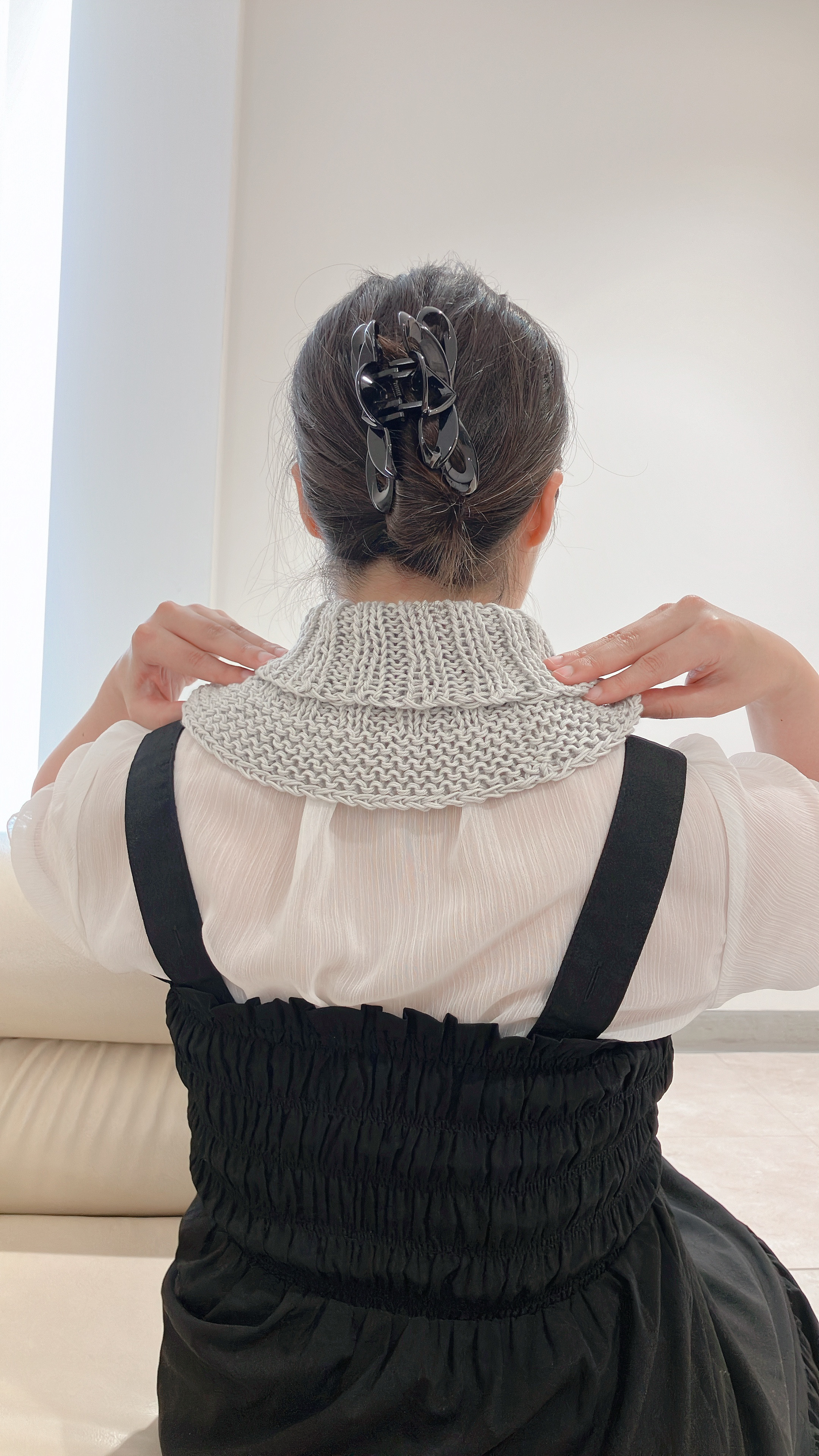 日焼け対策　夏用　ネックウォーマー　UVコットン　グレー　つけ襟　手編み　ハンドメイド　UVカット　着る日焼け止め