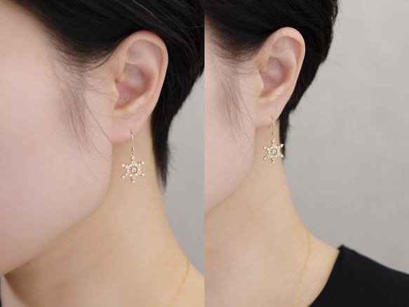 3日以内発送！クリスマスコフレ【ピアス + ロングネックレス セット】 雪の結晶・雪だるま パールゴールド色／シルバー色 6枚目の画像