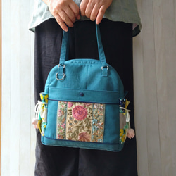 ★パッチワークとインド刺繍リボンのバッグ（ピーコックグリーン）★使い方は4通り【Creema限定】 5枚目の画像