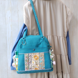 ★パッチワークとインド刺繍リボンのバッグ（ピーコックグリーン）★使い方は4通り【Creema限定】 4枚目の画像