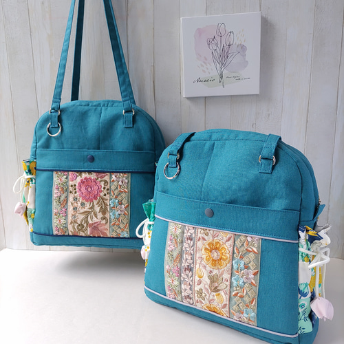 ☆パッチワークとインド刺繍リボンのショルダーバッグ（ピーコック