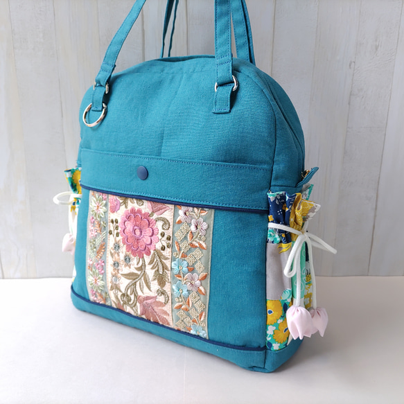 ★パッチワークとインド刺繍リボンのバッグ（ピーコックグリーン）★使い方は4通り【Creema限定】 7枚目の画像