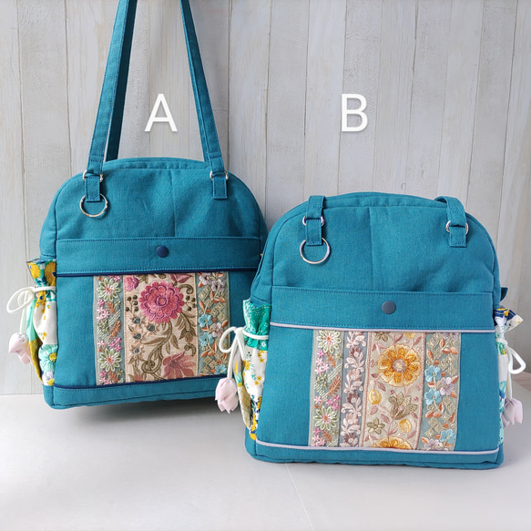 ★パッチワークとインド刺繍リボンのバッグ（ピーコックグリーン）★使い方は4通り【Creema限定】 6枚目の画像