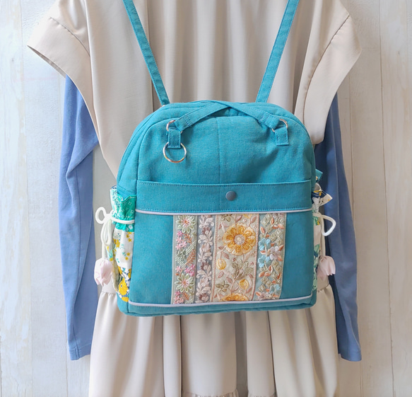 ★パッチワークとインド刺繍リボンのバッグ（ピーコックグリーン）★使い方は4通り【Creema限定】 2枚目の画像