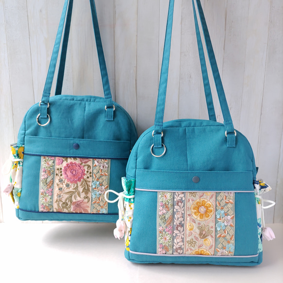 ★パッチワークとインド刺繍リボンのバッグ（ピーコックグリーン）★使い方は4通り【Creema限定】 1枚目の画像