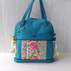 ★パッチワークとインド刺繍リボンのバッグ（ピーコックグリーン）★使い方は4通り【Creema限定】 8枚目の画像