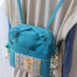 ★パッチワークとインド刺繍リボンのバッグ（ピーコックグリーン）★使い方は4通り【Creema限定】 3枚目の画像