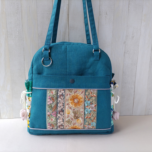 ★パッチワークとインド刺繍リボンのバッグ（ピーコックグリーン）★使い方は4通り【Creema限定】 10枚目の画像
