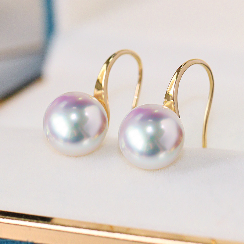 【La Corer】日本製 7-10mm アコヤ真珠 天然海水真珠 イヤリング ラウンドデザイン 18Kゴールド 耳かけ式 ハイ