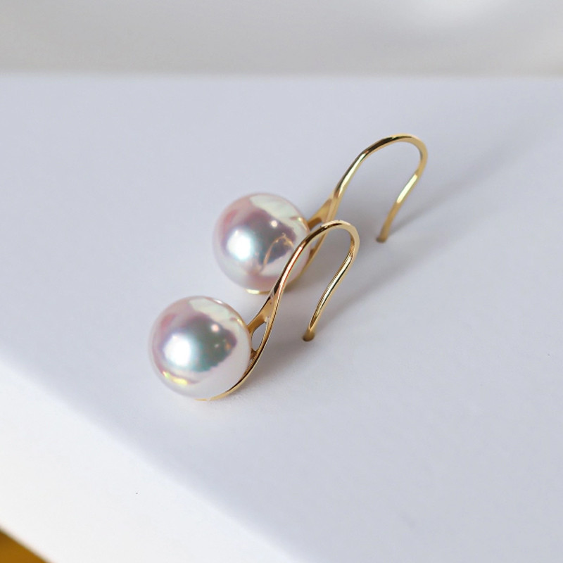 【La Corer】日本製 7-10mm アコヤ真珠 天然海水真珠 イヤリング ラウンドデザイン 18Kゴールド 耳かけ式 ハイ