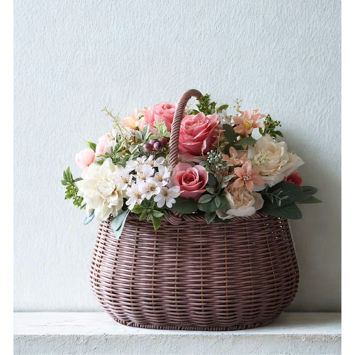 結婚記念日 くすみピンクの花かご｜還暦祝 開店祝 結婚祝 おしゃれ