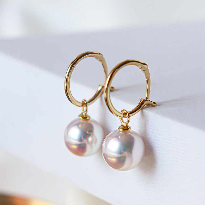 【La Corer】日本製7-10mmアコヤ天然海水真珠ピアス、イヤリング、18Kゴールドミラーの強い光、天国のラウンドピアス、