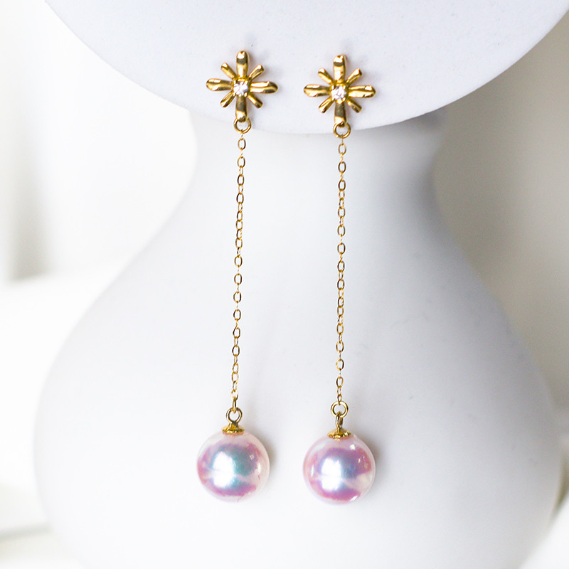 【La Corer】日本製 7-10mm アコヤ真珠 天然海水真珠 ピアス 18Kゴールド ロングデザイン ラウンドブリリアント