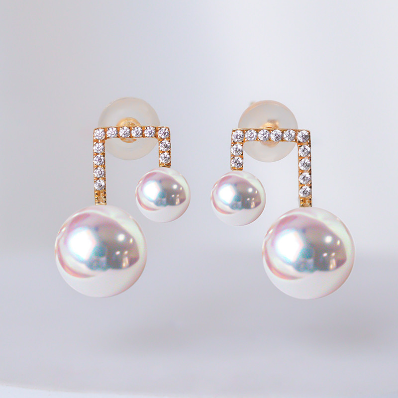 【La Corer】音符型 4-8.5mm アコヤ真珠 日本製 天然海水真珠 イヤリング 18Kゴールド象嵌 強い光 ラウンド