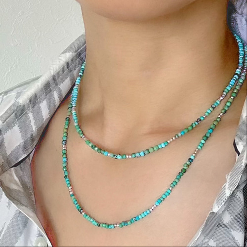 秋冬にも】ターコイズ ロングネックレス SV925+カレンシルバー/ 3way 2