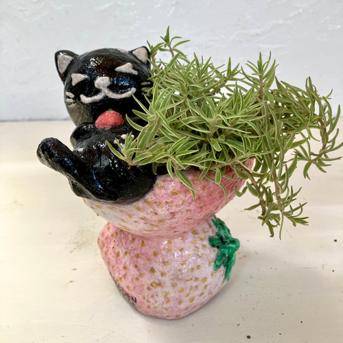 ミニサイズ猫 いちご形プランターオブジェ手作り セメント 植木鉢