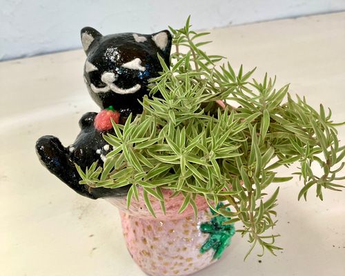 ミニサイズ猫 いちご形プランターオブジェ手作り セメント 植木鉢