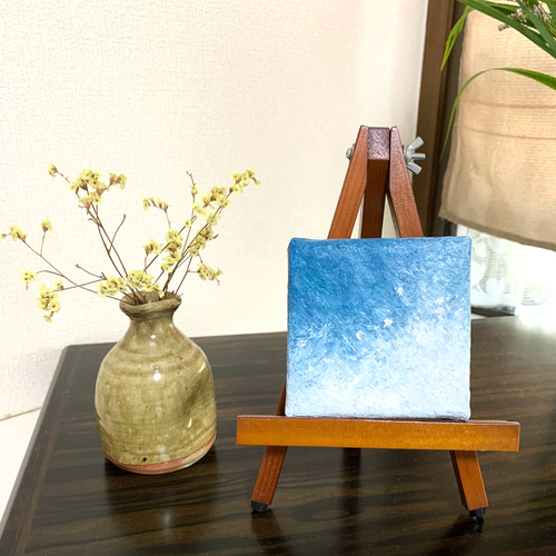 原画 油絵 さざ波 海のアート 抽象画 78×78mm グリーンブルー×ミルキー
