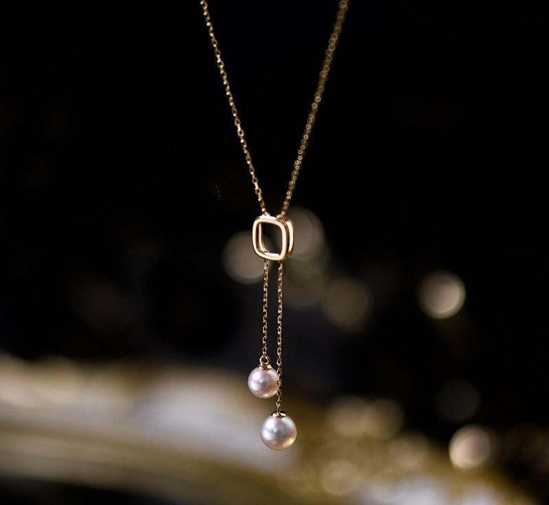 [ヘイズジュエリー] 18Kゴールド ダブルビーズ Y字型 日本製オーロラアコヤ 7-7.5mm 海水真珠ネックレス