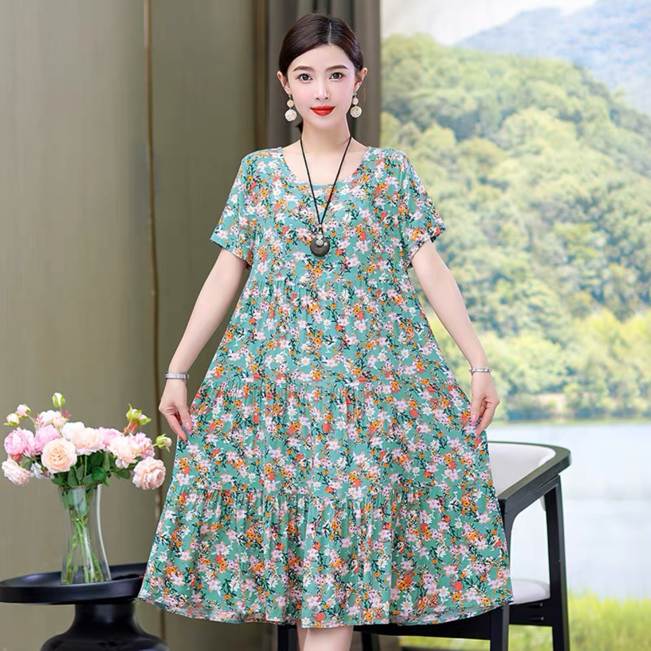 ロング丈スカート、夏ワンピース、コットンリネンワンピース、綿麻ワンピース