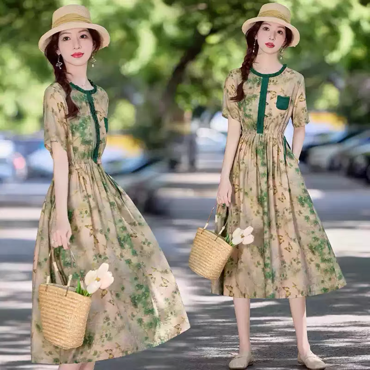 ロング丈スカート、夏ワンピース、コットンリネンワンピース、綿麻ワンピース