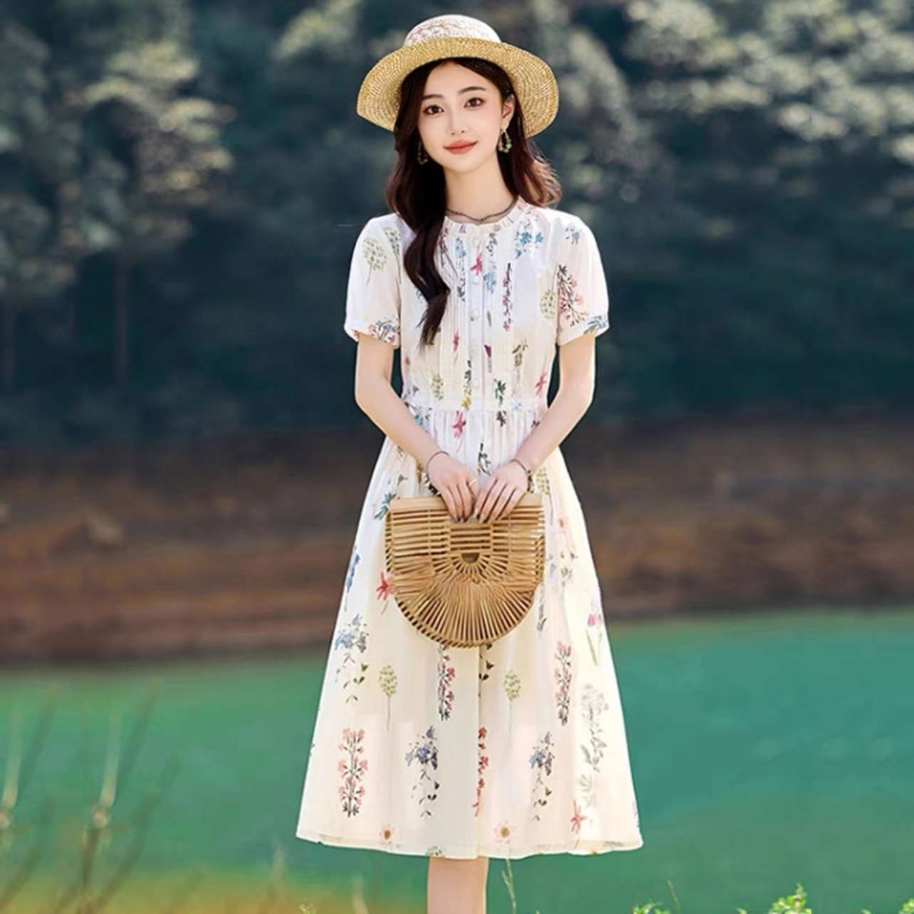 ロング丈スカート、夏ワンピース、コットンリネンワンピース、綿麻ワンピース