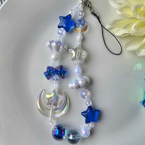 蓄光ブルー系月&星ジャラジャラキーホルダー レジン ハンドメイド