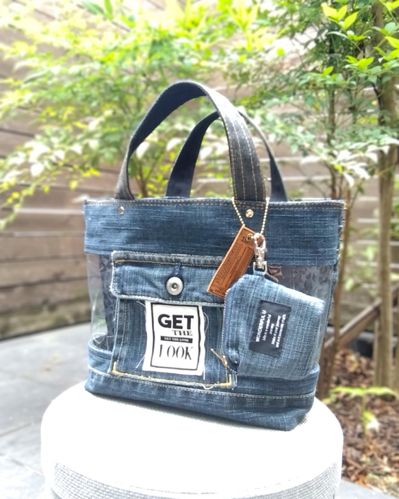 №741【DENIM✖️PVC CLEAR TOTE BAG❤️】両面可愛いデニムリメイク✨miniポーチ付き 15枚目の画像