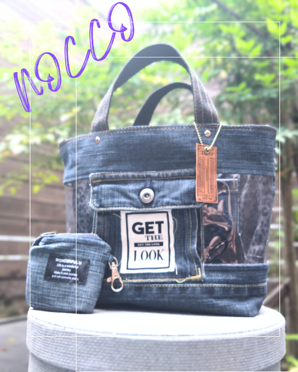 №741【DENIM✖️PVC CLEAR TOTE BAG❤️】両面可愛いデニムリメイク✨miniポーチ付き 16枚目の画像